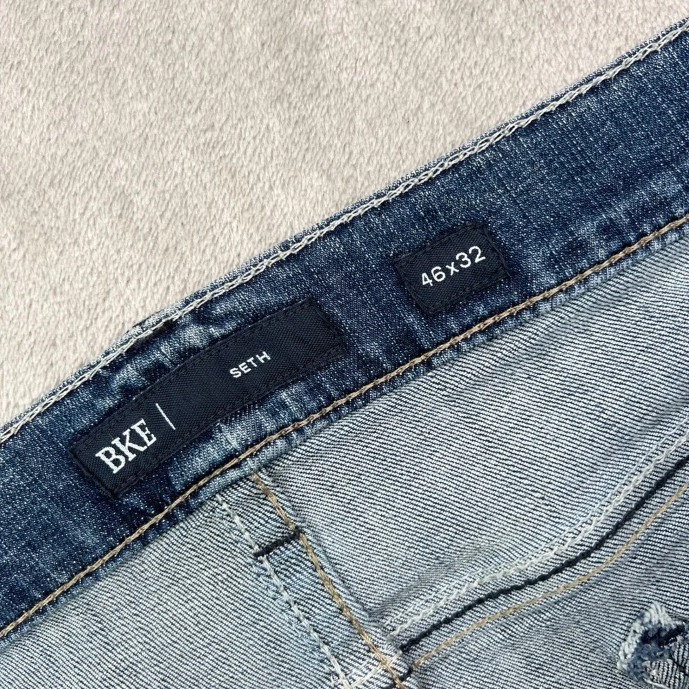 BKE Seth Jeans Men 46x32 Fit 46x29 Blue Medium Wash Whiskered Straight Leg Denim